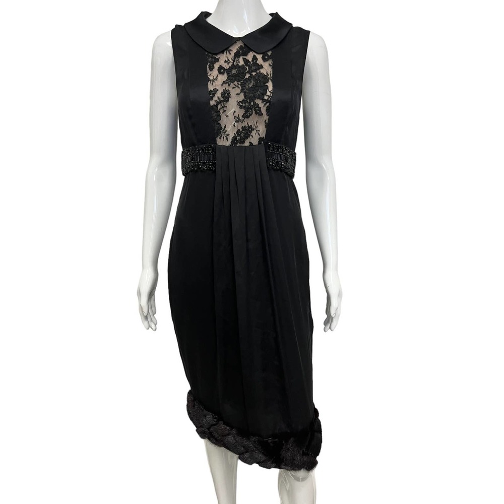 J. MENDEL Black Silk Lace Sleeveless Cutout Mink Trim Knee Length Dress 8